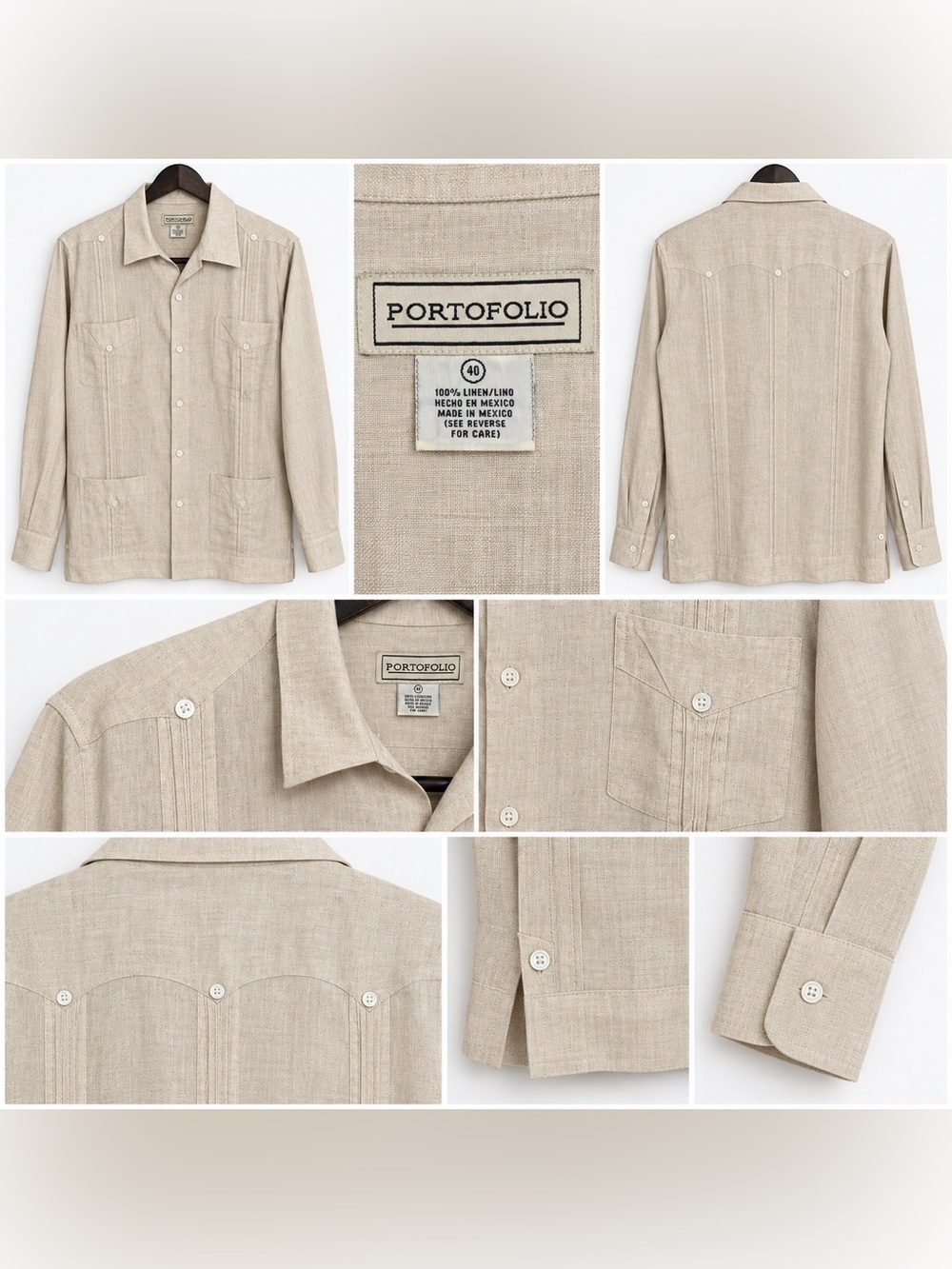 Title: Portofolio Men’s 100% Linen Guayabera Shirt Size 40 Beige Natural